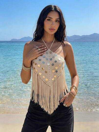 Sultry Sol Summer New Beach Cover-Up For Women, Solid Color Tie-Up Tassel Sequin Beachwear, Bohemian Style Vacation Elegant