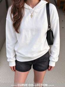 Plus Size White Minimalist Style Women's Comfortable Loose Long Sweatshirt, Solid Color, Suitable For Autumn/Winter, Daily Wear Essential - White - View 2