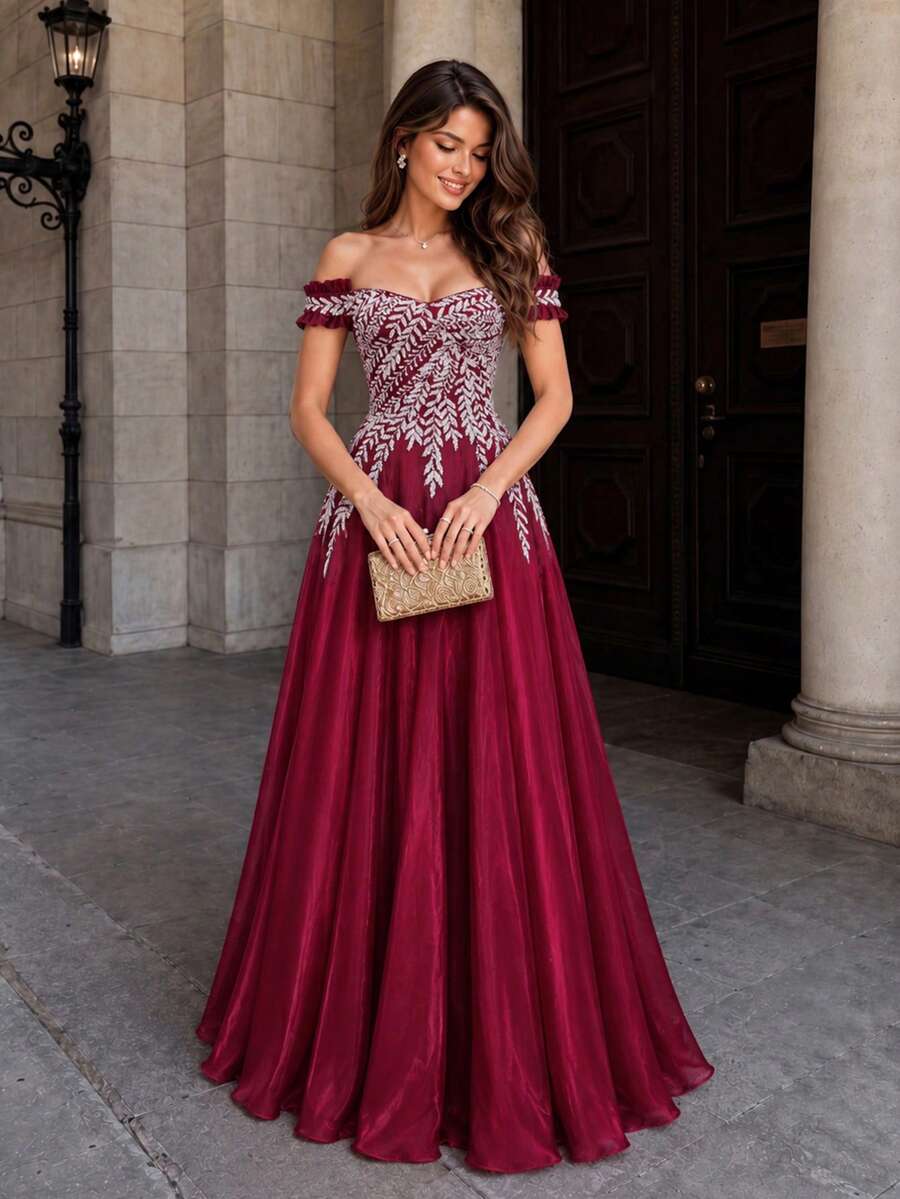 VIPGIRL Burgundy Evening Dress Off Shoulder Silver Embroidered Leaf Corset Ruffle Sleeve Lace Up Backless A-Line Floor Length Prom Gala Maxi Dress - Burgundy - View 1