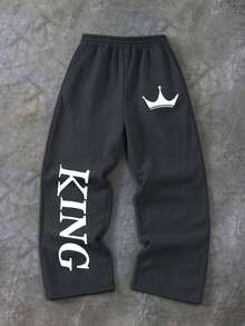 1pc Boys Casual Wide Leg Long Pants, Crown & English Letter Print Design, Comfortable Autumn/Winter New Style Daily Wear Bottoms - Dark Grey - View 1