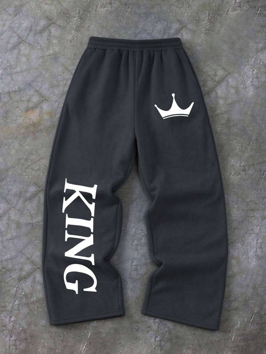 1pc Boys Casual Wide Leg Long Pants, Crown & English Letter Print Design, Comfortable Autumn/Winter New Style Daily Wear Bottoms - Dark Grey - View 1