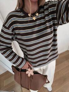 女款休閒圓領落肩長袖條紋聖誕黑紅對比羅紋日常休閒T恤 - 咖啡棕 - 查看 2