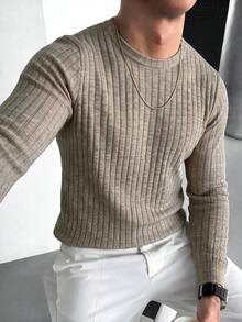 Men's Ribbed Crew Neck Long Sleeve Knit Sweater Textured Commuter Base Layer Long Sleeve T-Shirt - Apricot - View 1