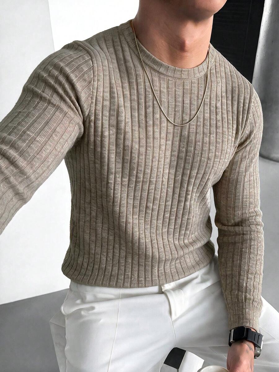 Men's Ribbed Crew Neck Long Sleeve Knit Sweater Textured Commuter Base Layer Long Sleeve T-Shirt - Apricot - View 1