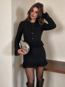 Fringe Trim Collared Knit 2 Pieces Set, Long Sleeve Button Front Crop Cardigan & Mini Skirt Outfit, Going Out Date Night Casual Daily Wear Black - Black - View 1