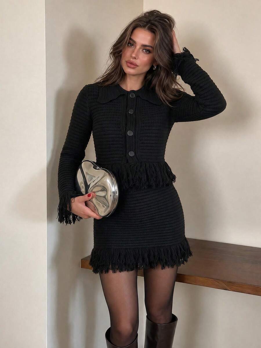 Fringe Trim Collared Knit 2 Pieces Set, Long Sleeve Button Front Crop Cardigan & Mini Skirt Outfit, Going Out Date Night Casual Daily Wear Black - Black - View 1