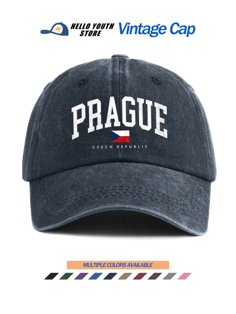 1pc "PRAGUE" Czech Pattern Printed Baseball Cap, Classic Casual Fashion Vintage Hat, Warm & Windproof, Adjustable Size, Lightweight, Versatile, Suitable For Outdoor Sports, Daily Wear, Parties And Vacations