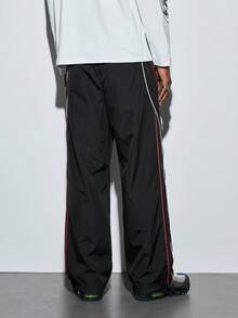 Modcrash Men's Side Stripe Wide Leg Drawstring Waist Long Pants, Autumn/Winter Streetwear Casual Fall - Black - View 2