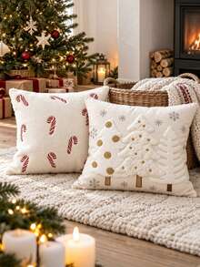 Cream White Faux Fur Pillowcase With Embroidered Bow Decoration, Teddy Fleece Throw Pillow Cover, Christmas Farmhouse Style Winter Holiday Wool Loop Decor, Suitable For Daily Use, Party, Thanksgiving, Christmas And More - Candy Cane - View 6