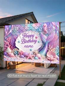 1件可客製化姓名夢幻美人魚主題生日背景布，漸層魚尾珍珠貝殼海馬珊瑚裝飾設計，個性化姓名美人魚主題生日派對蛋糕砸碎攝影裝飾橫幅，乙烯基材質，兒童藝術活動 - 紫色 - 查看 5