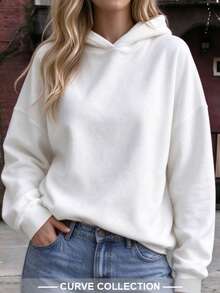 Plus Size White Minimalist Style Women's Comfortable Loose Long Sweatshirt, Solid Color, Suitable For Autumn/Winter, Daily Wear Essential - White - View 7