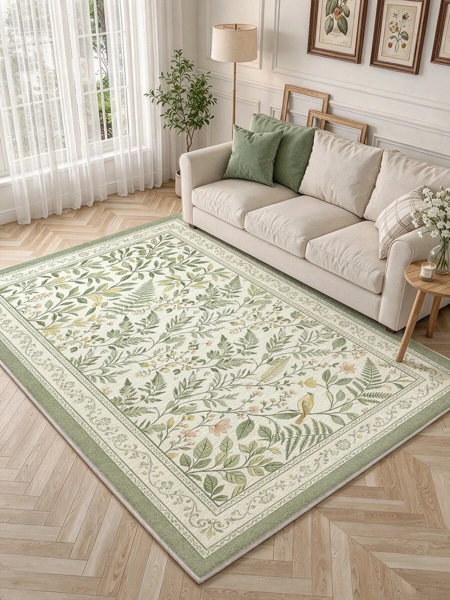 1pc Green Floral Fresh Living Room Carpet. Suitable For Kitchen, Dining Room, Bedroom, Holiday Decor, Indoor/Outdoor, Office, Lobby, Non-Slip Doormat, Bathroom Rug, Hallway, Study, Gaming Area Carpet. - Pastel Green - View 1