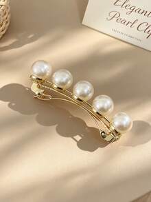 1pc Luxury Pearl Metal Spring Hair Clip For Women, Elegant Minimalist Back-Of-Head Bun Clip, Commute & Banquet Elegant Hair Accessory - Multicolor - View 9