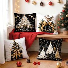 4pcs Black & Gold Luxury Christmas Pillow Covers, Gold Christmas Tree, Deer, Gift Box, Snowflake, Star Print Pattern Without Insert, Single-Sided Printed Pillow Covers, Suitable For Living Room, Bedroom, Home Decor, All Season Pillow Covers - Multicolor - View 10