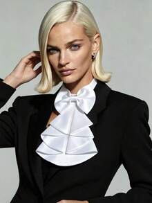 1pc White Satin Bow Fake Collar, Detachable Ruffled Decorative Collar, Elegant Preppy Style Collar Accessory For Shirts & Daily Outfits - A - View 3