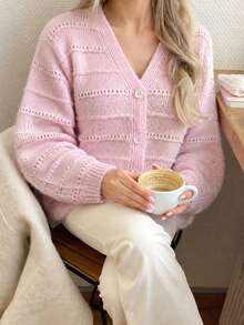 QUNGIGU Áo len cardigan nữ cổ chữ V, họa tiết rỗng phối sọc, cài cúc, tay dài, dệt kim, phong cách thường ngày, đi làm, đi chơi, hẹn hò cho mùa thu đông - Hồng - Xem 8
