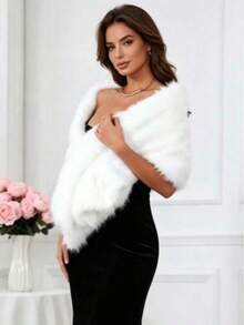 Fluffy Faux Fur Shawl, Winter Warm Shawl, Elegant Women's Outerwear, Suitable For Holiday Parties And Banquets - White - View 5
