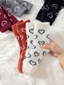 2 Pairs White And Brown Fuzzy Women's Mid-Calf Socks, Heart Pattern Warm Socks, Soft And Comfortable, Random Color - Multicolor - View 5