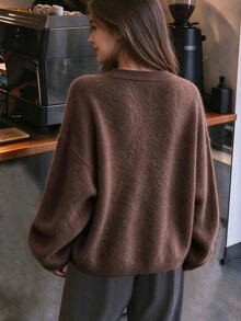 Women's Round Neck Knit Sweater, Dropped Shoulder, Ribbed Cuffs, Comfortable & Minimalist, Elegant & Fashionable, Casual Winter Sweater - Brown - View 6