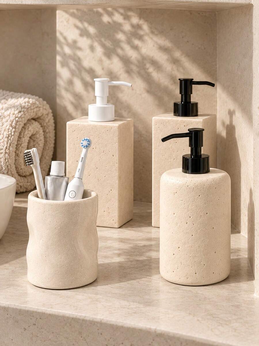 Neutral Speckled Wabi Sabi Bathroom Accessory Set, Textured Soap Dispenser And Toothbrush Holder, Modern Minimalist Vanity Countertop Decor For Bathroom Organization
