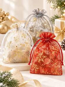 Red & White Snowflake Organza Drawstring Gift Bags - Ideal For Jewelry And Party Favors - Perfect For Weddings, Christmas, Holiday Celebrations And Christmas Decor - Multiple Styles - View 3
