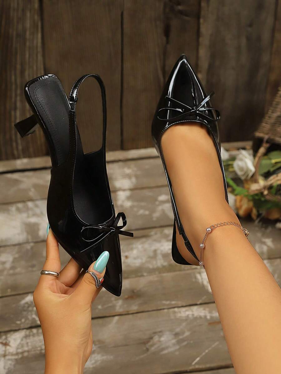 Beter 2026 Spring/Summer New Elegant Pointed Toe Nude/Black Patent Leather Stiletto High Heel Slingback Sandals With Buckle Strap For Women - Black - View 1