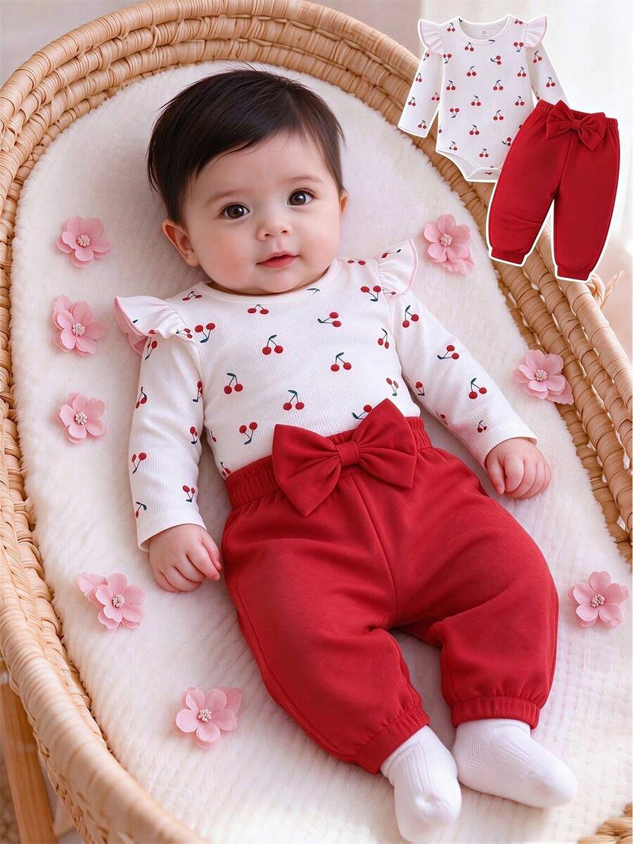 Infant New Year Red Cherry Print Bodysuit Set, Big Red Bow Hem Pants, 2 Pieces Baby Outfit - White - View 1