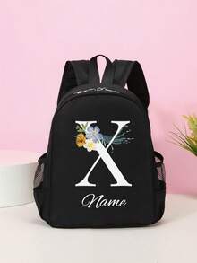 1pc Customizable Minimalist Black Backpack, A-Z 26 Letters White Daisy Pattern, With Zipper Closure And Adjustable Shoulder Straps, Durable And Long-Lasting, Perfect For Daily Use, School And Travel, Ideal Birthday Gift, Christmas Gift - Black - View 30