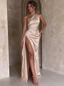 Elegant Glam Satin Maxi Ball Gown For Women, Sleeveless Asymmetrical Neck, High Thigh Slit & Backless Design Fall Wedding Party - Champagne - View 1