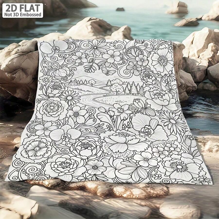 1pc DIY Coloring Flannel Blanket, Floral Country Landscape Line Art Throw Blanket, 2D Flat Not Embossed, Adult Coloring Blanket For Sofa Bed, Creative Art Activity Gift - Multicolor - View 1