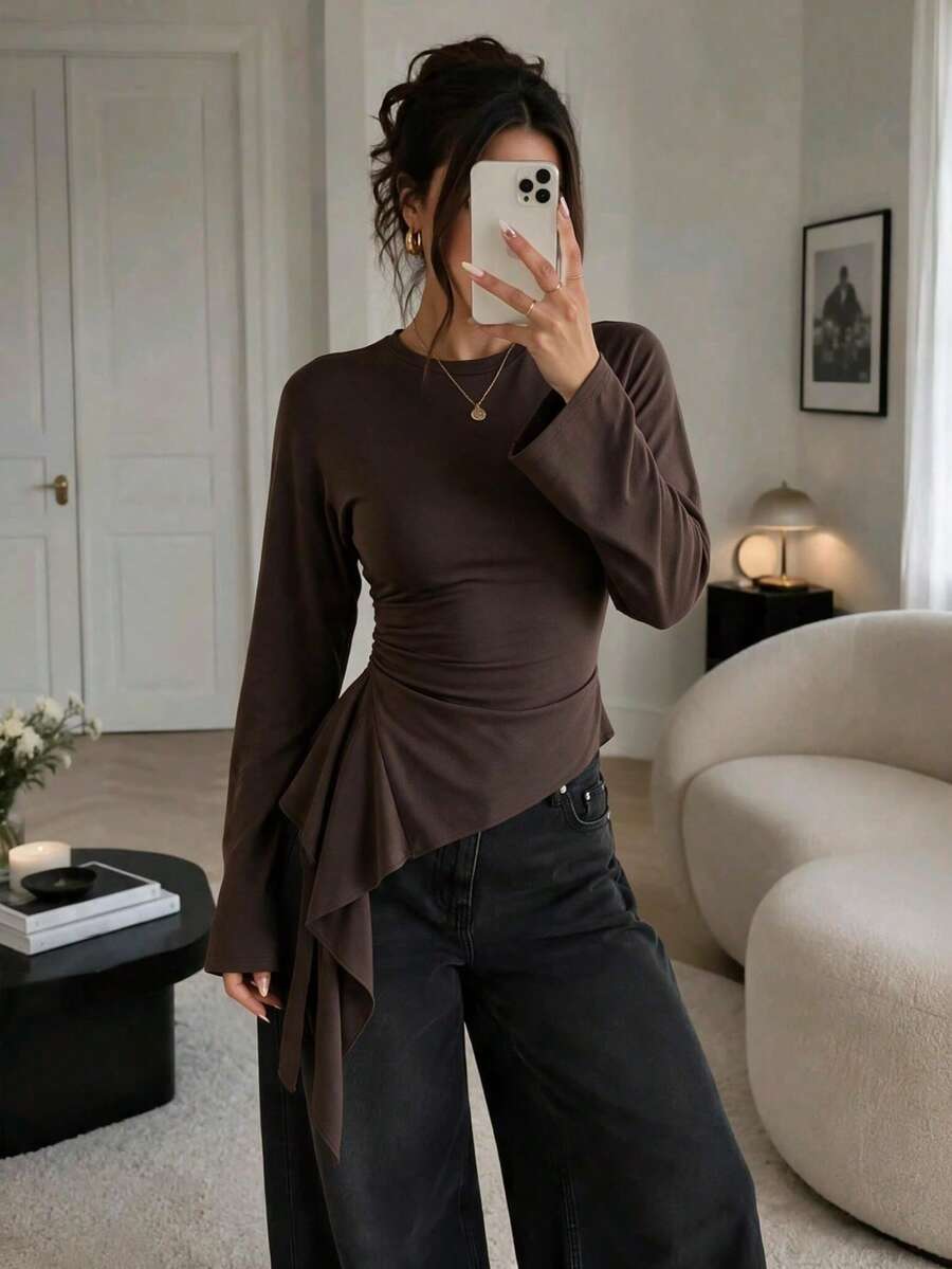 Women's Solid Color Long Sleeve Ruched Asymmetrical Ruffle Hem Design Top, Elegant Knit Fabric Long Sleeve Top For Autumn - Brown - View 1