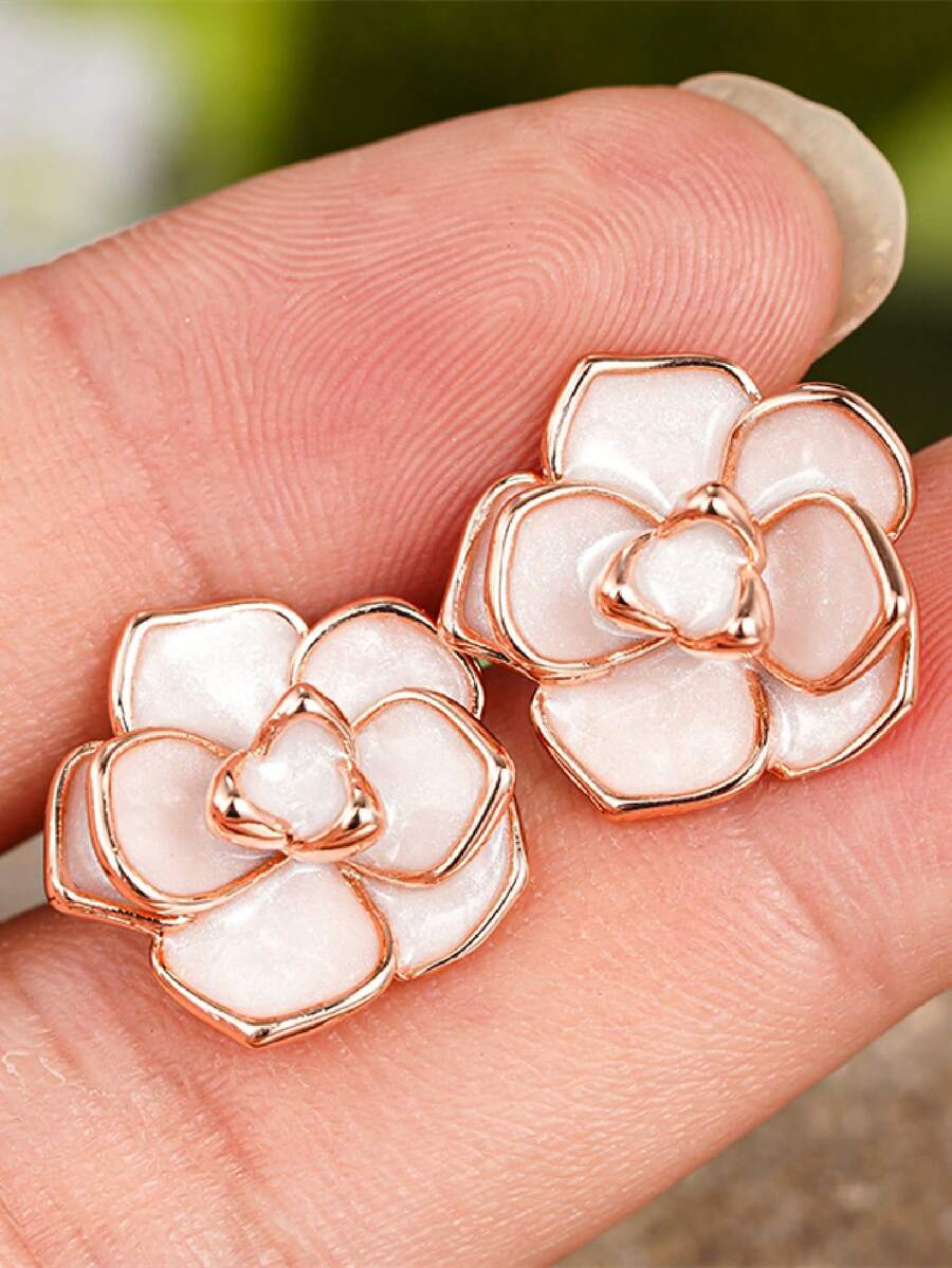 1 Pair Elegant Cubic Zirconia Stud Earrings, Suitable For Women To Wear, Applicable For Weddings, Engagements, Anniversaries, Parties, Valentine's Day And Other Occasions. - Rose Gold - View 1