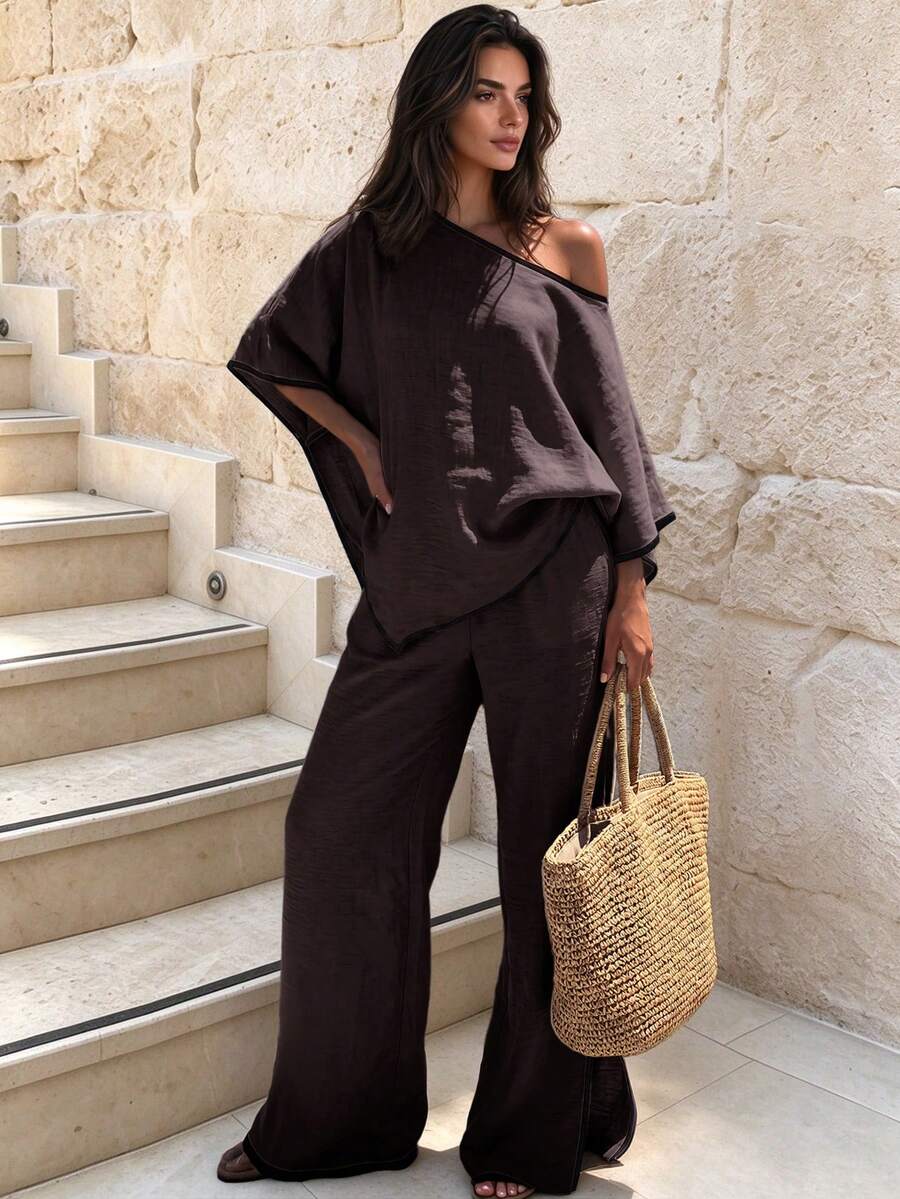 UrbanChic Contrast Trim Asymmetric V-Neck Top & Loose Slimming Long Pants Women's Set, Casual Vacation Style, Linen Feel, Spring/Summer - Brown - View 1