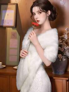 Fluffy Faux Fur Shawl, Winter Warm Shawl, Elegant Women's Outerwear, Suitable For Holiday Parties And Banquets - White - View 7