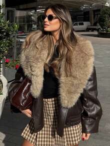 Women's Detachable Faux Leather Jacket With Fur Collar, High Street Casual Double-Breasted Coat, Fashion New Style For Spring/Winter - Brown - View 5