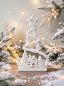 1pc Spiral Christmas Tree Desktop Decoration, Hollow Star Top Christmas Tree Ornament With House And Pine Tree Pattern, Tabletop Decor, Christmas Home Desktop Frame Decoration, Holiday Party Centerpiece Gift, Winter Holiday Decoration Gift - House Pine Tree Ornament - View 12