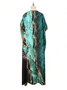 1pc Women's Geometric Print Cover-Up Set, Vacation Beach Sun Protection, Casual Versatile Pullover Shawl With Satin Scarf Set, Daily Accessory - Water Ripple - Green - View 2