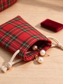10pcs Jewelry Drawstring Bags, Red Thick Rope Plaid Fabric Bags, Portable Travel Jewelry Storage Bags For Earrings, Necklaces, Rings, Wedding Party Gift Bags, Small Gift Packaging Bags, Holiday Gift Packaging Bags, Christmas/Christmas Decrations/Party Decorations/Bedroom Accessories - Multicolor - View 2