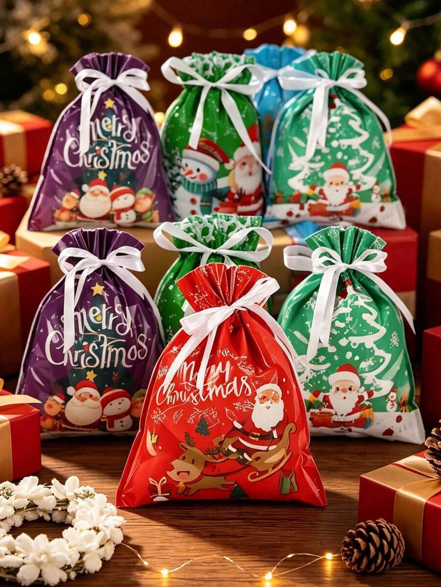 5pcs/1pc Christmas Theme Drawstring Gift Bags, Printed With "Merry Christmas", Snowman, Santa Claus And Reindeer Patterns, Suitable For Packaging Christmas Gifts, Souvenirs And Party Favors, Also Suitable For New Year Parties - One Size Fits All - View 1