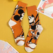 Disney Official Licensed Mickey Mouse Retro Graphic Crew Socks, Women Cute Orange Comic Print Mid-Calf Cotton Socks - Style Random - View 1