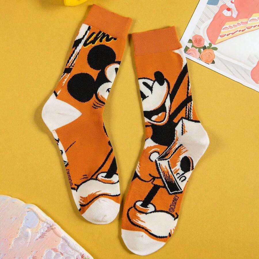 Disney Official Licensed Mickey Mouse Retro Graphic Crew Socks, Women Cute Orange Comic Print Mid-Calf Cotton Socks - Style Random - View 1
