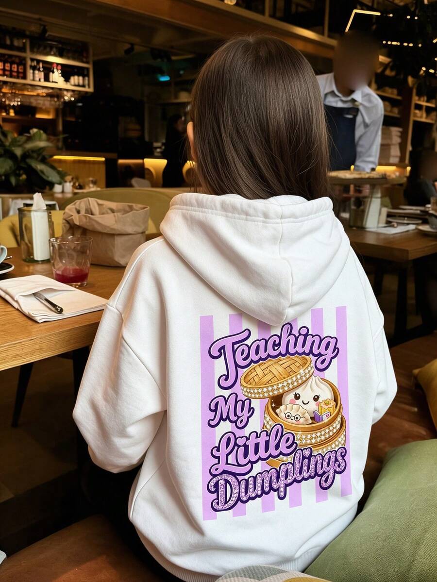 Cute Steamed Bun Print Women's Sweatshirt, Fun Letter Back Graphic Casual Top - White - View 1