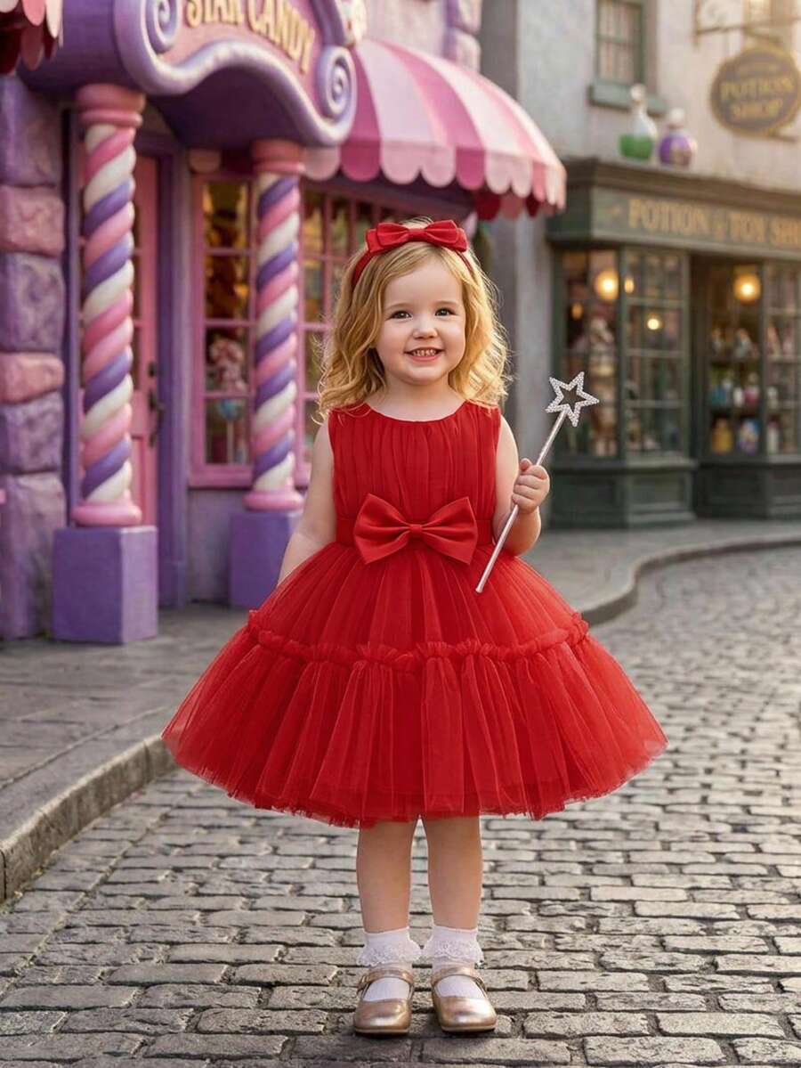 Baby Girls Sleeveless Solid Color Tulle Waist Bow Tutu Dress, Party Dress For Birthday, Comes With Headband - Red - View 1