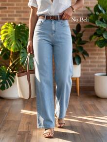 Women's Casual Elegant Light Wash Wide Leg Jeans, Button Detail Design, Long Length, Bohemian Style Outfit Choice - Light Blue - View 3