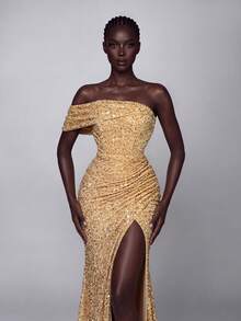 Women's Elegant Sleeveless Sequin Maxi Dress, Romantic Off-Shoulder Mermaid Gown With Zipper Slit Design, Perfect For Formal Occasions - Champagne - View 6