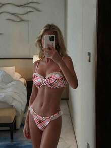 Women's Pink Plaid Ruffle Underwire Bikini 2 Pieces Set, Sweet Girl Style Swimsuit, Beach Summer 2026 - Multicolor - View 1