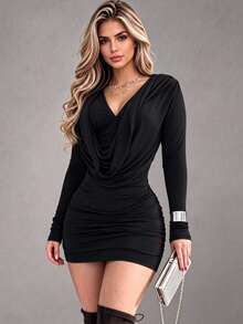 HUTENER Women's Sexy V-Neck Bodycon Mini Dress, Solid Color, Adult Party Dress Black Spring Elegant - Black - View 2