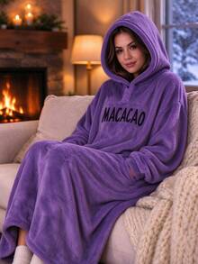 1pc Wearable Hooded Blanket, Soft Fluffy Fleece Letter Print Shawl, Large Warm Wrap, Half-Open Button Design, Suitable For Home Leisure, Camping, Indoor Relaxation And Outdoor Activities, Autumn/Winter Use - Multicolor - View 5