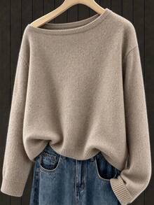 Sweater Kasual Wanita Warna Polos dengan Bahu Asimetris dan Lengan Menjuntai, Musim Gugur/Dingin - Abu - View 6