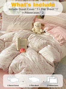 French Floral Bedding 4-Piece Set, Double Layer Synthetic Fabric, All Season (1 Duvet Cover + 1 Bed Sheet + 2 Pillowcases, Duvet Insert And Pillow Insert Not Included, Pillowcase Pattern Randomly Cut) - Pink - View 5